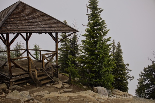 The Big Beehive Lookout Post sits among the clouds.  In the little gap on the right I briefly saw the hotel and surrounding lake area.  